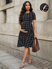 MaterniWear Maternity Grid Print Flare Hem Nursing Dress - Black and White - View 1