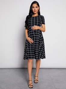 MaterniWear Maternity Grid Print Flare Hem Nursing Dress - Black and White - View 5