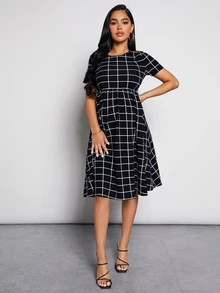 MaterniWear Maternity Grid Print Flare Hem Nursing Dress - Black and White - View 3