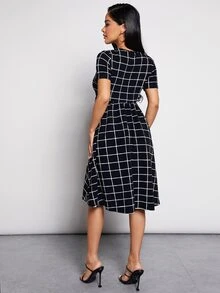 MaterniWear Maternity Grid Print Flare Hem Nursing Dress - Black and White - View 7