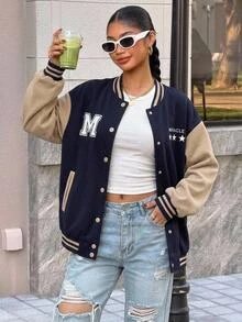 SHEIN Teen Girl Royal Blue Colorblock Letter Varsity Baseball Jacket, Fall, Long Sleeve, Fall Outfits, Winter, Casual, Retro, Graphic - Navy Blue - View 3
