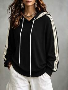 Linhara CURVE Plus Size Fashion Hooded Long Sleeve Colorblock Striped Casual Home & Commute Sweatshirt For Women Fall - Apricot - View 4