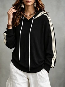Linhara CURVE Plus Size Fashion Hooded Long Sleeve Colorblock Striped Casual Home & Commute Sweatshirt For Women Fall - Apricot - View 5