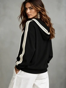 Linhara CURVE Plus Size Fashion Hooded Long Sleeve Colorblock Striped Casual Home & Commute Sweatshirt For Women Fall - Apricot - View 2