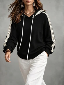 Linhara CURVE Plus Size Fashion Hooded Long Sleeve Colorblock Striped Casual Home & Commute Sweatshirt For Women Fall - Apricot - View 6