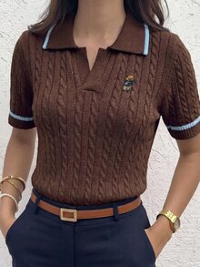 Briarwyn Women's Cartoon Bear Pattern Short Sleeve Casual Knit Top - Brown - View 2