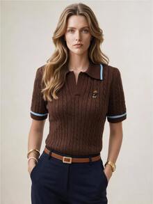 Briarwyn Women's Cartoon Bear Pattern Short Sleeve Casual Knit Top - Brown - View 1