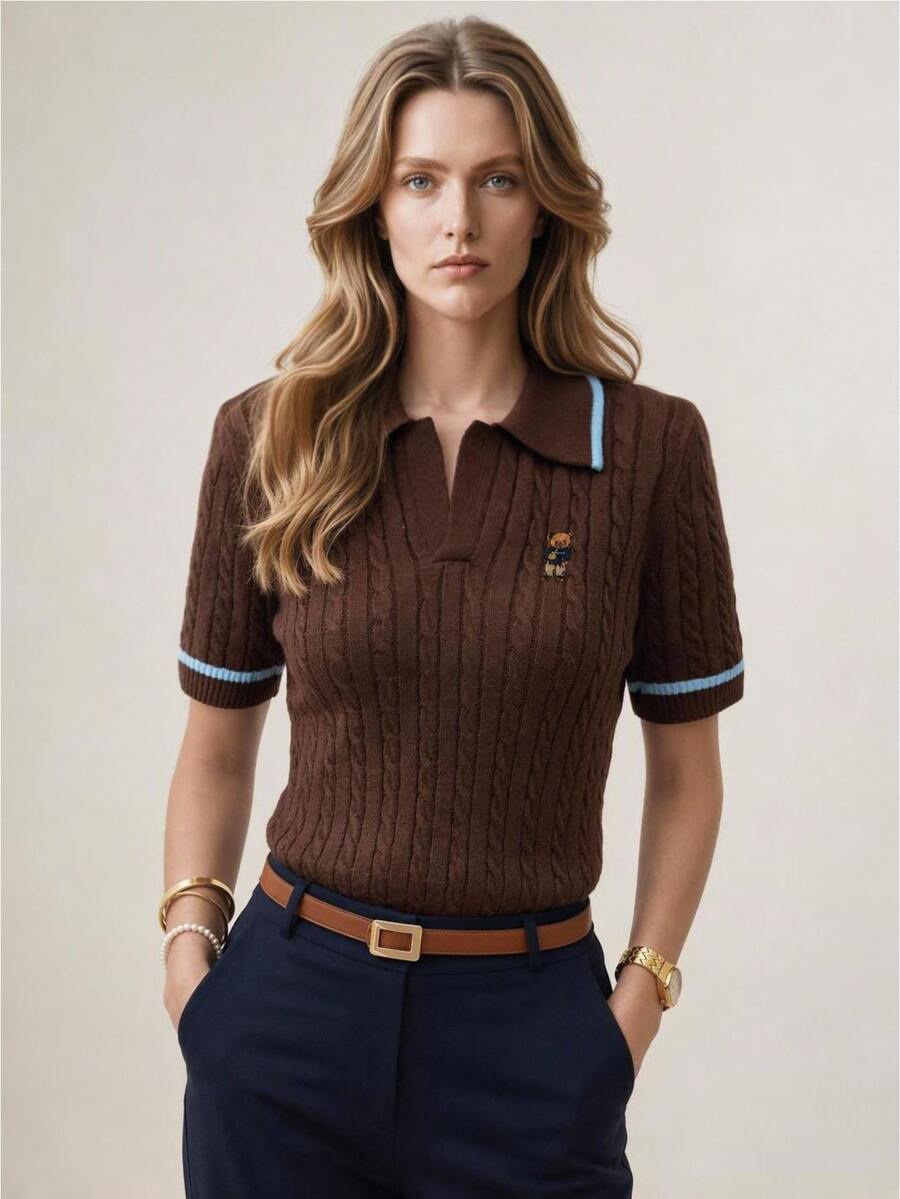 Briarwyn Women's Cartoon Bear Pattern Short Sleeve Casual Knit Top - Brown - View 1