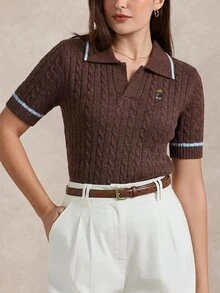 Briarwyn Women's Cartoon Bear Pattern Short Sleeve Casual Knit Top - Brown - View 8