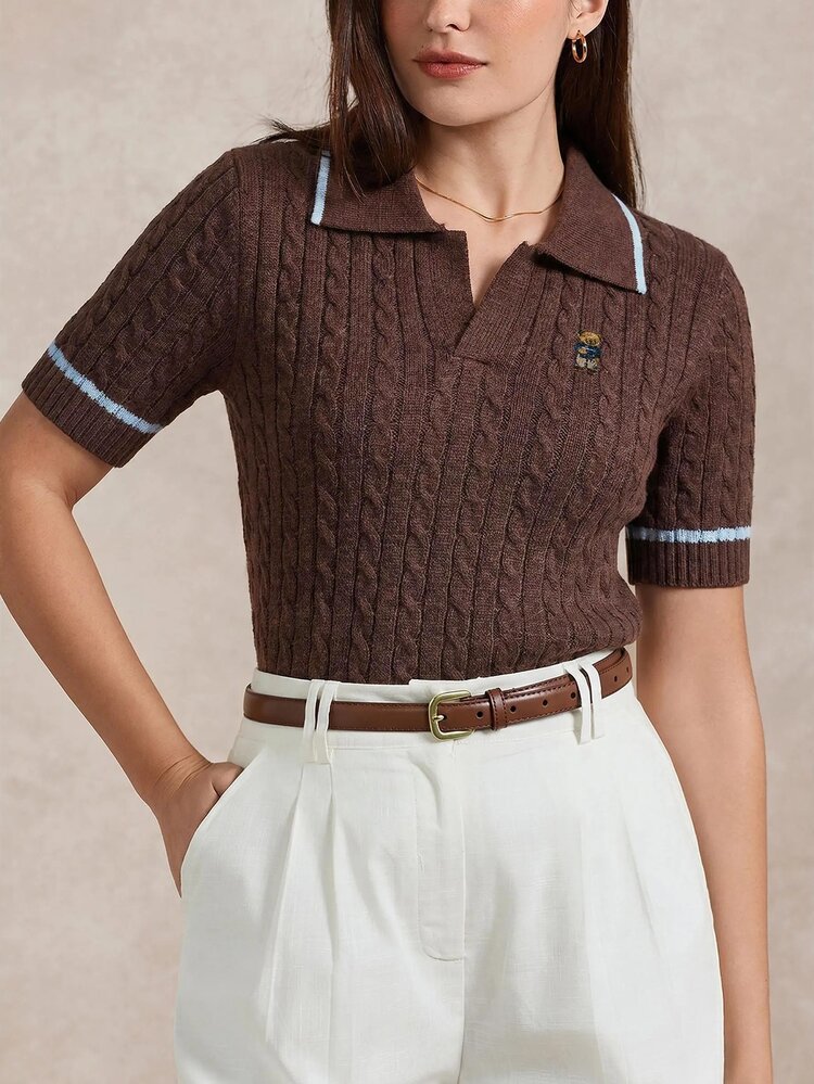 Briarwyn Women's Cartoon Bear Pattern Short Sleeve Casual Knit Top - Brown - View 8