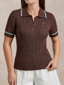 Briarwyn Women's Cartoon Bear Pattern Short Sleeve Casual Knit Top - Brown - View 5