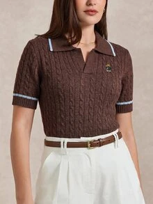 Briarwyn Women's Cartoon Bear Pattern Short Sleeve Casual Knit Top - Brown - View 7