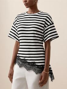 Briarwyn Summer Fall Women's Chic French Elegant Black And White Striped Waffle Colorblock Lace Patchwork Casual Versatile Daily Brunch Going Out Everyday Top - Black and White - View 3