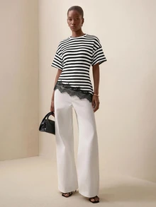 Briarwyn Summer Fall Women's Chic French Elegant Black And White Striped Waffle Colorblock Lace Patchwork Casual Versatile Daily Brunch Going Out Everyday Top - Black and White - View 6