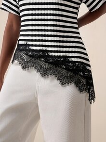 Briarwyn Summer Fall Women's Chic French Elegant Black And White Striped Waffle Colorblock Lace Patchwork Casual Versatile Daily Brunch Going Out Everyday Top - Black and White - View 2