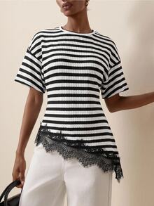 Briarwyn Summer Fall Women's Chic French Elegant Black And White Striped Waffle Colorblock Lace Patchwork Casual Versatile Daily Brunch Going Out Everyday Top - Black and White - View 4