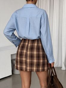 Lavishia Plaid Metal Buckle Mini Skirt, Vintage Elegant Autumn/Winter Thanksgiving Brunch Office Brown - Mocha Brown - View 3