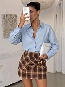 Lavishia Plaid Metal Buckle Mini Skirt, Vintage Elegant Autumn/Winter Thanksgiving Brunch Office Brown - Mocha Brown - View 1