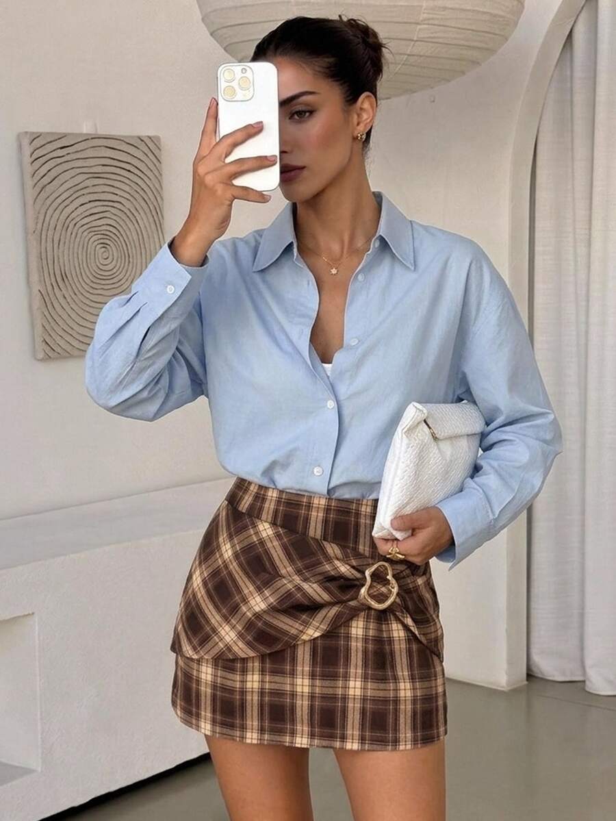 Lavishia Plaid Metal Buckle Mini Skirt, Vintage Elegant Autumn/Winter Thanksgiving Brunch Office Brown - Mocha Brown - View 1
