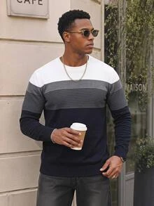 Calvornis Men's Plus Size Crew Neck Color Block Striped Print Casual Pullover Sweater, For Fall Winter, Long Sleeve Top - Black - View 1