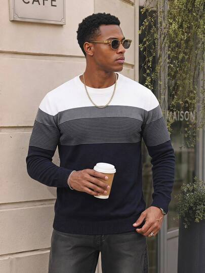 Calvornis Men's Plus Size Crew Neck Color Block Striped Print Casual Pullover Sweater, For Fall Winter, Long Sleeve Top