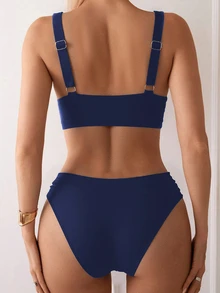SHEIN Swim 新款V領純色高腰比基尼兩件式泳衣女款，海灘夏季穿搭，海軍藍、藍色低腰 - 藏蓝色 - 查看 8