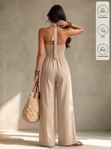 Trelyra Women's Solid Color Deep V-Neck Cinched Cinched Waist Casual Loose Back Tie Halter Neck Jumpsuit - Apricot - View 2