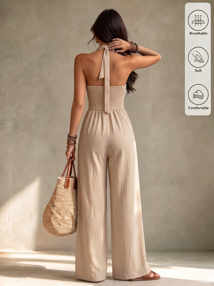 Trelyra Women's Solid Color Deep V-Neck Cinched Cinched Waist Casual Loose Back Tie Halter Neck Jumpsuit - Apricot - View 2