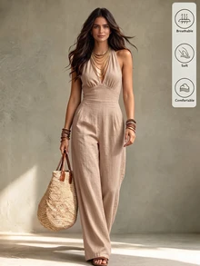 Trelyra Women's Solid Color Deep V-Neck Cinched Cinched Waist Casual Loose Back Tie Halter Neck Jumpsuit - Apricot - View 4