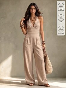 Trelyra Women's Solid Color Deep V-Neck Cinched Cinched Waist Casual Loose Back Tie Halter Neck Jumpsuit - Apricot - View 1