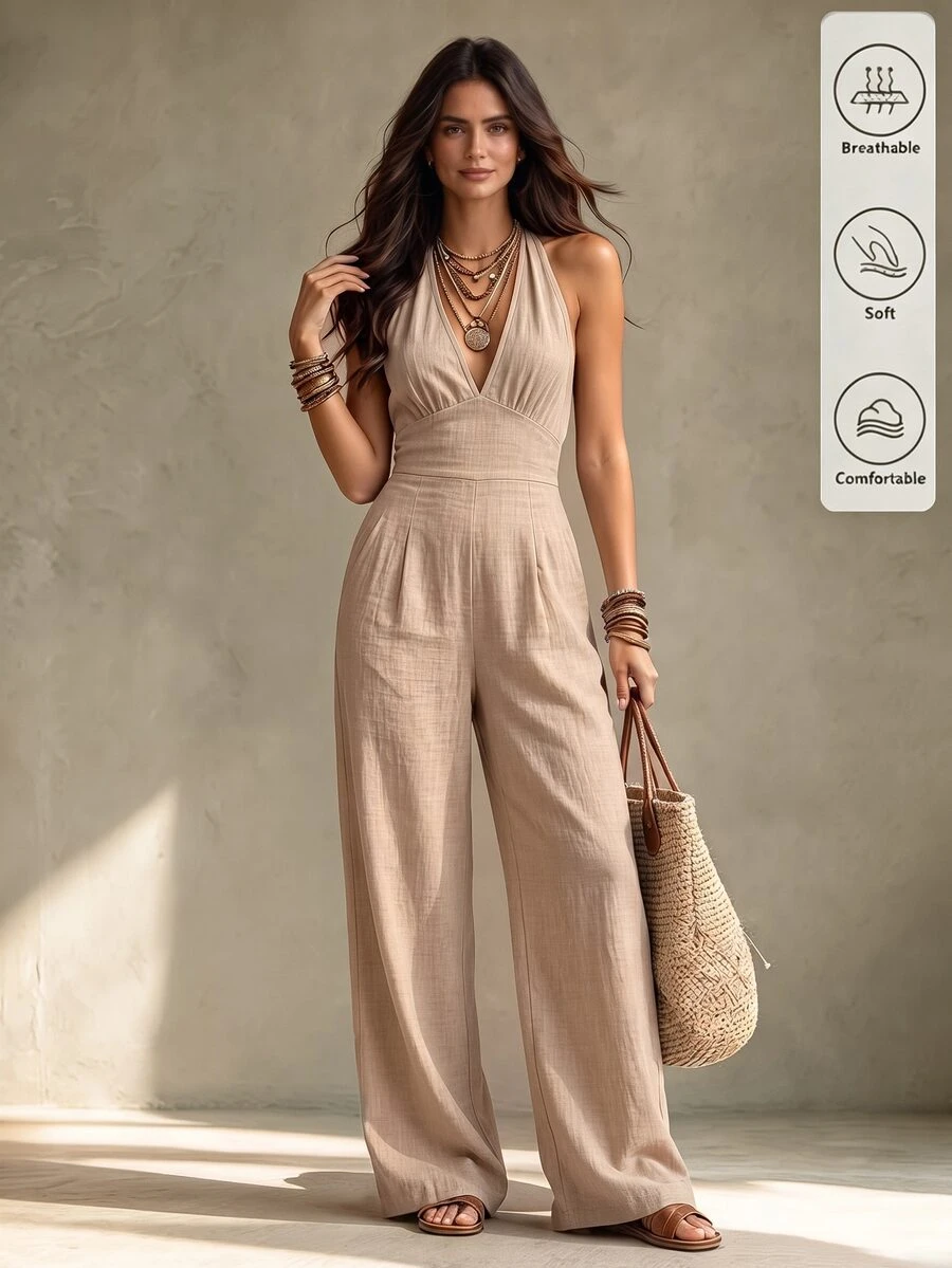 Trelyra Women's Solid Color Deep V-Neck Cinched Cinched Waist Casual Loose Back Tie Halter Neck Jumpsuit - Apricot - View 1