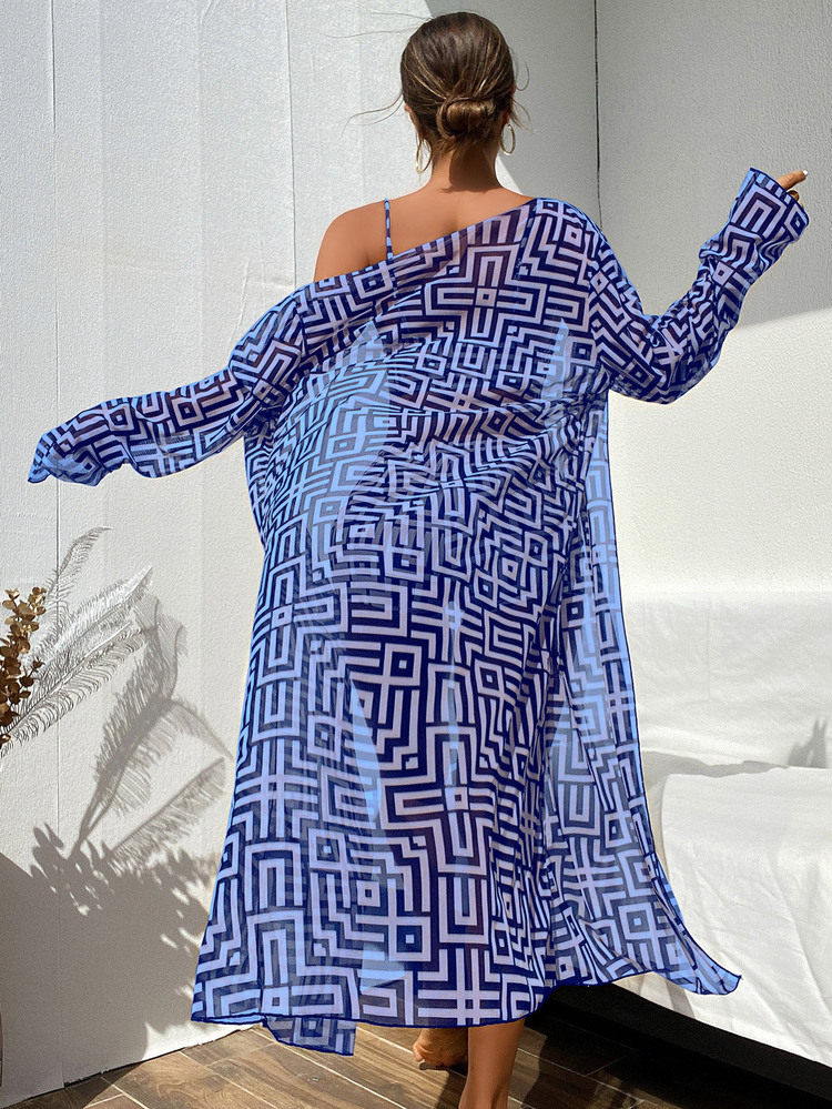 SHEIN Swim New Summer 3-Piece Beachwear Set Featuring A High-Waisted Bikini And A Sheer Long Cover-Up; Showcases A Maze-Pattern Print.Vacation Outfits Women. - Blue - View 4