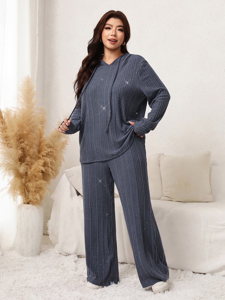SHEIN LUNE Setelan Wanita Ukuran Besar Lengan Panjang Berkerudung dengan Tali Serut dan Celana Panjang Kasual Longgar 2 Potong Pakaian Rumah Formal Biru Musim Gugur - Dark Grey - View 3