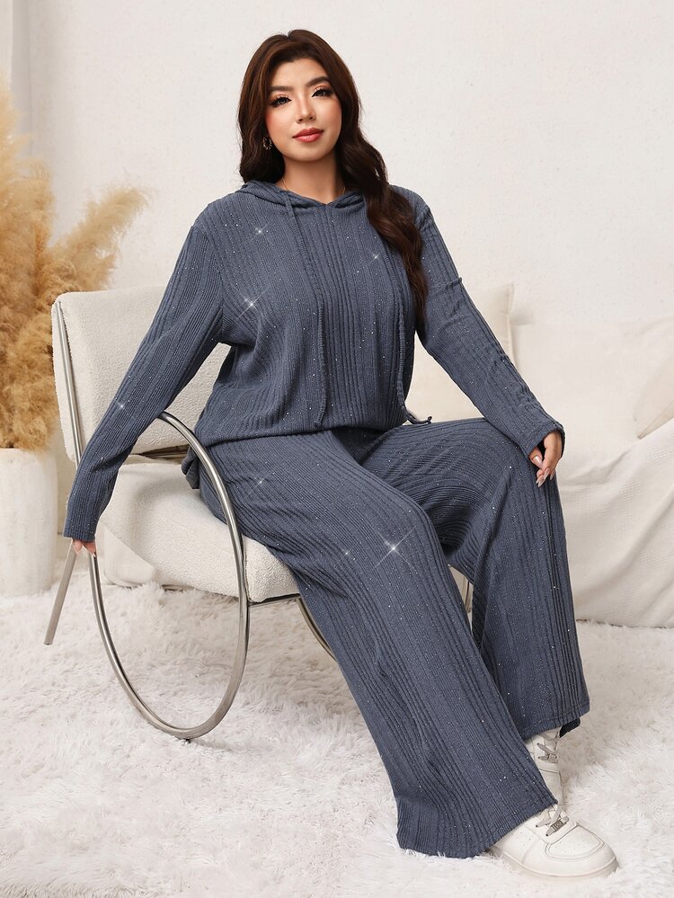 SHEIN LUNE Setelan Wanita Ukuran Besar Lengan Panjang Berkerudung dengan Tali Serut dan Celana Panjang Kasual Longgar 2 Potong Pakaian Rumah Formal Biru Musim Gugur - Dark Grey - View 9