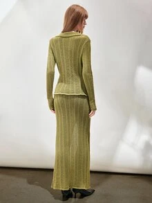 SHEIN Women's Sweater Set Slim Long Fit Textured Knit Lapel Button Top Front Split Button Skirt Elegant Olive Green Women's Set Fall Clothes For Women - Green - View 4