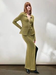 SHEIN Women's Sweater Set Slim Long Fit Textured Knit Lapel Button Top Front Split Button Skirt Elegant Olive Green Women's Set Fall Clothes For Women - Green - View 5