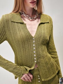 SHEIN Women's Sweater Set Slim Long Fit Textured Knit Lapel Button Top Front Split Button Skirt Elegant Olive Green Women's Set Fall Clothes For Women - Green - View 6