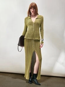 SHEIN Women's Sweater Set Slim Long Fit Textured Knit Lapel Button Top Front Split Button Skirt Elegant Olive Green Women's Set Fall Clothes For Women - Green - View 1