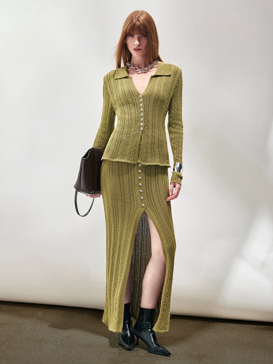 SHEIN Women's Sweater Set Slim Long Fit Textured Knit Lapel Button Top Front Split Button Skirt Elegant Olive Green Women's Set Fall Clothes For Women - Green - View 1