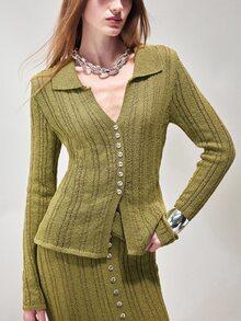 SHEIN Women's Sweater Set Slim Long Fit Textured Knit Lapel Button Top Front Split Button Skirt Elegant Olive Green Women's Set Fall Clothes For Women - Green - View 3