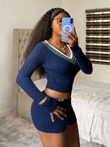 Fiercella Fiercella Women's Autumn/Winter Fashion Lazy Sexy Casual Preppy Hot Girl Party Everyday School Gathering College Street Style Sweater Two Pieces Set Navy Blue, - Multicolor - View 6