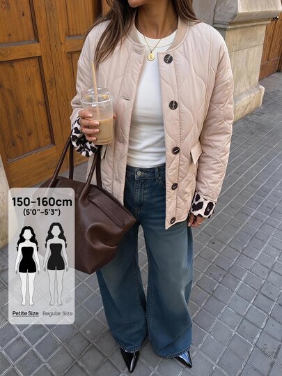 SHEIN PETITE Giacca invernale casual da donna con maniche lunghe, trapuntata e monopetto