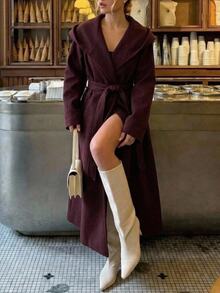 Aloruh Women's Elegant Business Commute Solid Color Minimalist Overcoat Old Money Style Hooded Burgundy Mid-Length Jacket Autumn/Winter - Burgundy - View 3