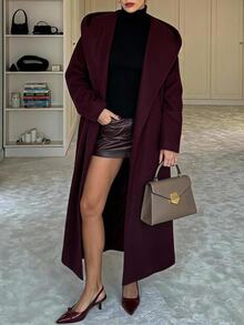 Aloruh Women's Elegant Business Commute Solid Color Minimalist Overcoat Old Money Style Hooded Burgundy Mid-Length Jacket Autumn/Winter - Burgundy - View 4