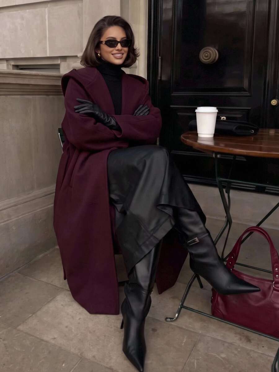 Aloruh Women's Elegant Business Commute Solid Color Minimalist Overcoat Old Money Style Hooded Burgundy Mid-Length Jacket Autumn/Winter - Burgundy - View 1