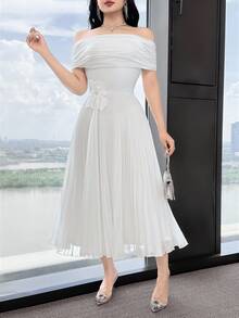 Feyla Women's Solid Color Off Shoulder Elegant Romantic Dress With 3D Floral Decor And Pleated Hem Tea Party After Party Night White Summer - White - View 5