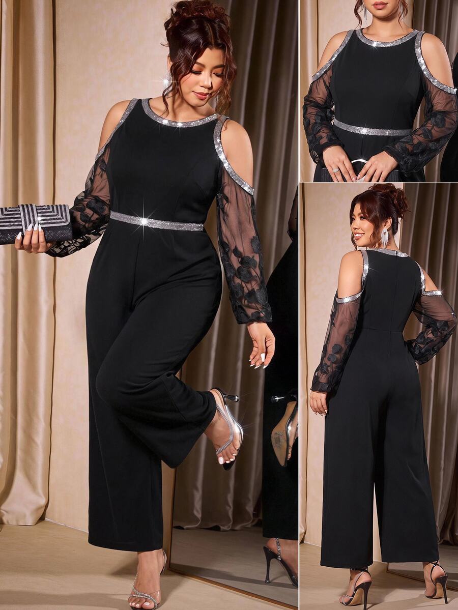 SHEIN LUNE Plus Size Elegant Sequin Cold Shoulder Fashion Loose Jumpsuit Cocktail Party Evening Black Winter - Black - View 1