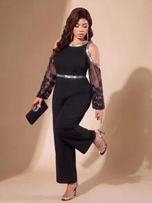 SHEIN LUNE Plus Size Elegant Sequin Cold Shoulder Fashion Loose Jumpsuit Cocktail Party Evening Black Winter - Black - View 8