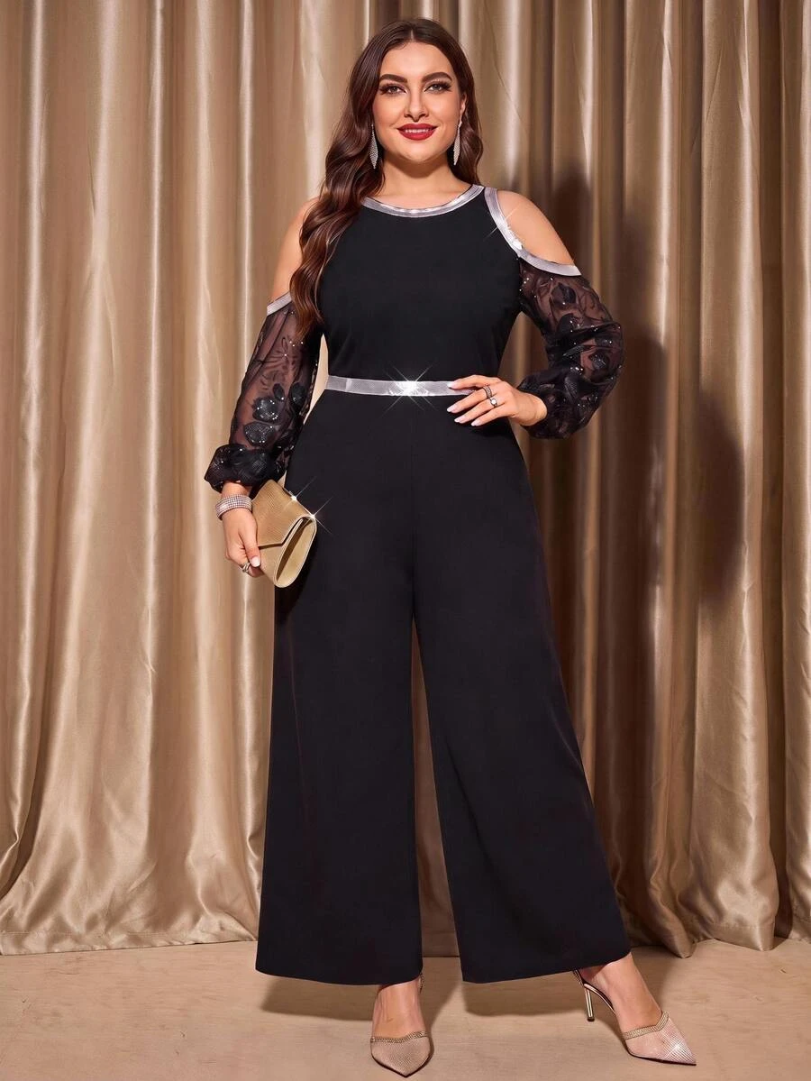 SHEIN LUNE Plus Size Elegant Sequin Cold Shoulder Fashion Loose Jumpsuit Cocktail Party Evening Black Winter - Black - View 1