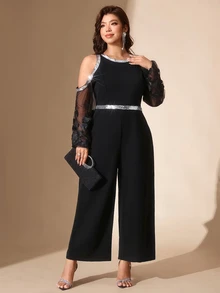 SHEIN LUNE Plus Size Elegant Sequin Cold Shoulder Fashion Loose Jumpsuit Cocktail Party Evening Black Winter - Black - View 6